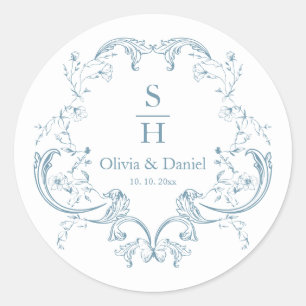 Sticker Rond Élégant Mariage Monogramme Crête Florale Bleu Pous