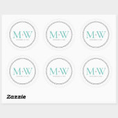 Sticker Rond Élégant Mariage Monogramme Turquoise (Feuille)
