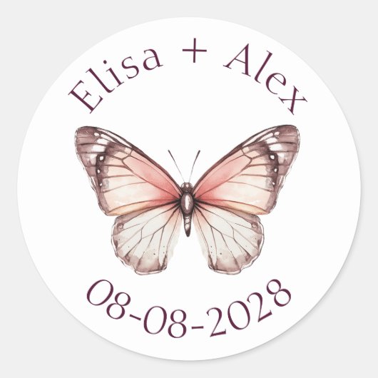 Sticker Rond Élégant Mariage papillons Fiançailles PERSONNALISÉ (Devant)