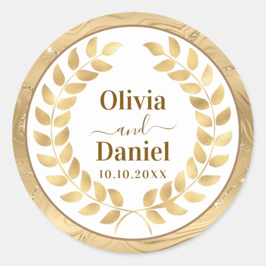 Sticker Rond Elégant Mariage personnalisé en marbre et couronne (Devant)