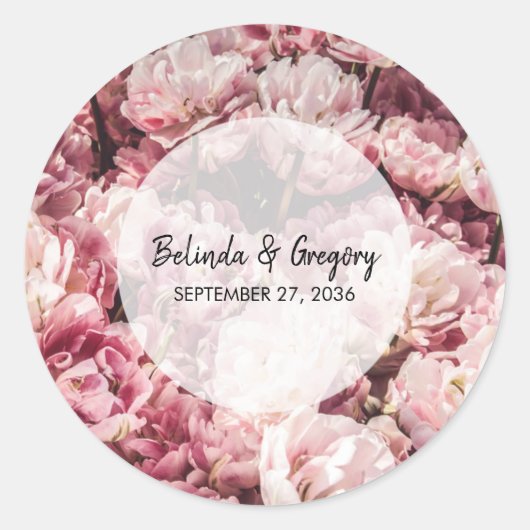 Sticker Rond Élégant Mariage Pink Peonies (Devant)