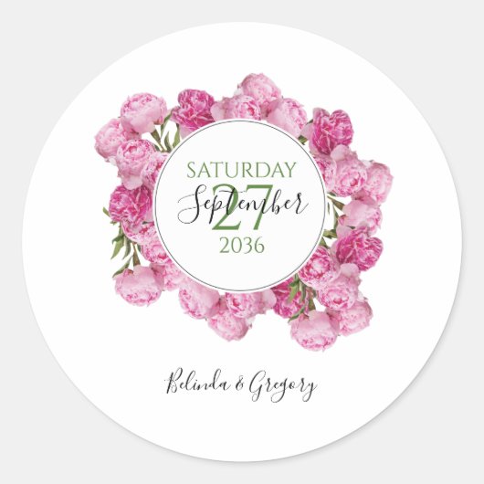 Sticker Rond Élégant Mariage Pink Peonies (Devant)