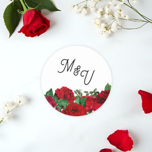 Sticker Rond Élégant Mariage Rose Monogramme Personnalisé Class