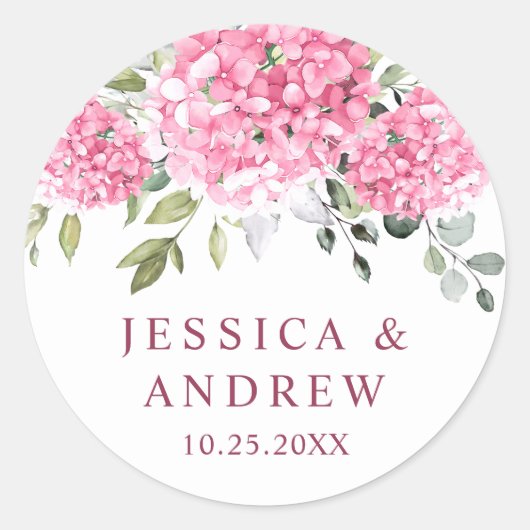Sticker Rond Élégant Mariage rose pâle Hydrangée Eucalyptus (Devant)