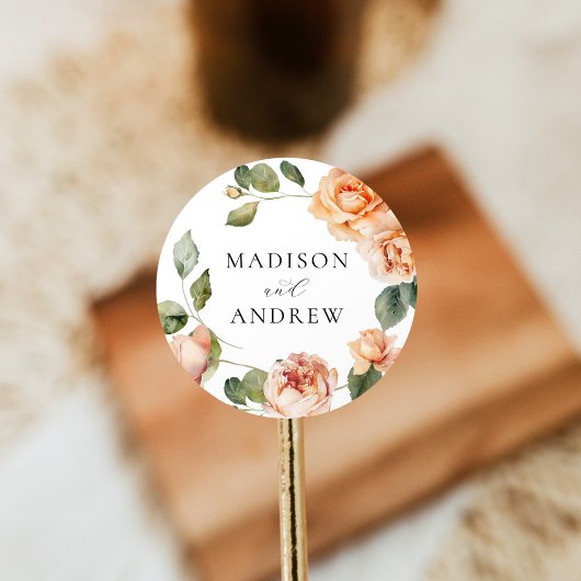 Sticker Rond Élégant Mariage Rose Peach