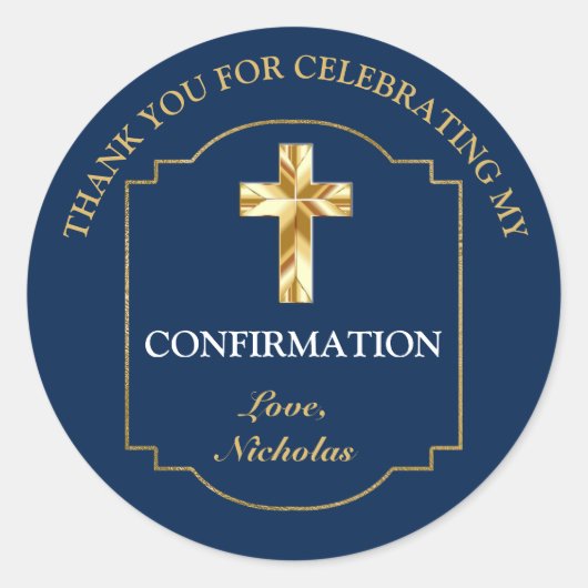 Sticker Rond Elégant Marine Blue Gold Boys Confirmation Merci (Devant)