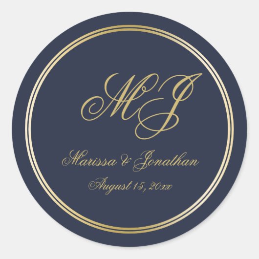 Sticker Rond Élégant Marine Blue Gold Monogramme Mariage de scr (Devant)