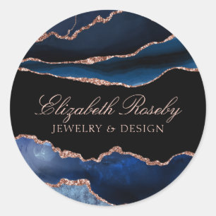 Sticker Rond Elégant Marine Blue Rose Gold Agate Geode Business