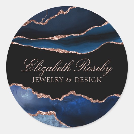 Sticker Rond Elégant Marine Blue Rose Gold Agate Geode Business (Devant)