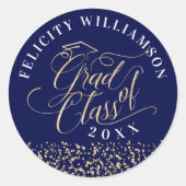 Sticker Rond Elégant Marine & Gold Script Graduation Confetti (Devant)