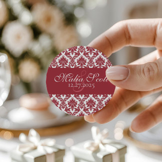 Sticker Rond Elégant Maroon White Mariage damassé Favoriser