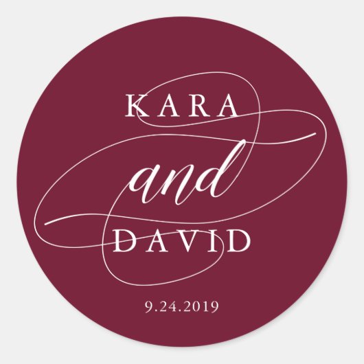 Sticker Rond Elégant Marsala et Mariage de calligraphie blanche (Devant)