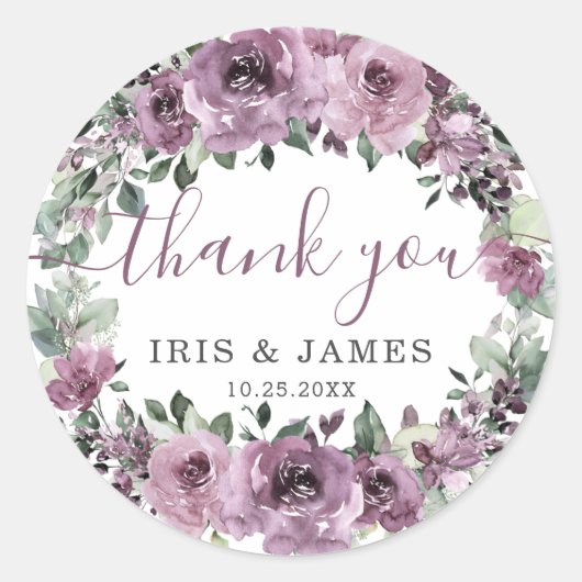 Sticker Rond Élégant Mauve Plum violet Mariage floral (Devant)