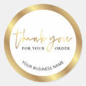 Sticker Rond Elégant Merci d'affaires blanc & or pour commande (Devant)