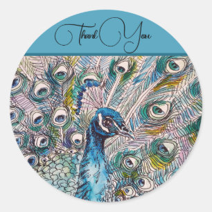 Sticker Rond Elégant Merci d'aquarelle bleu Peacock