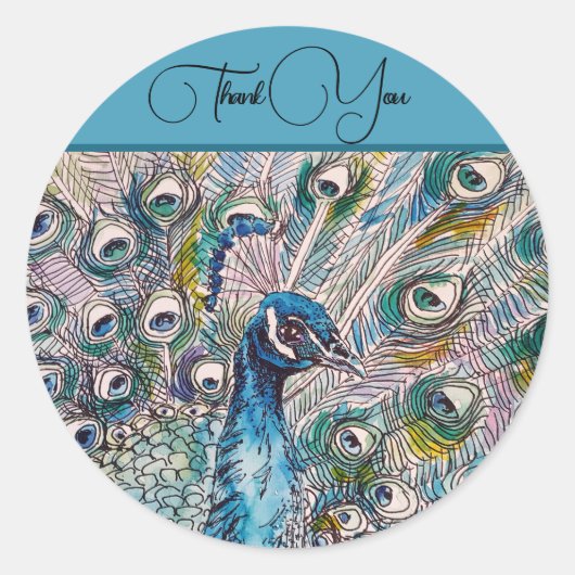 Sticker Rond Elégant Merci d'aquarelle bleu Peacock (Devant)