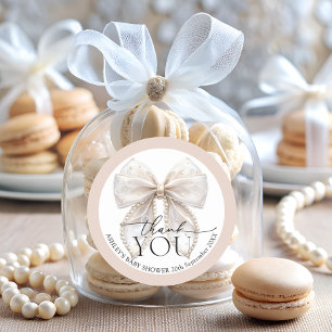 Sticker Rond Elégant Merci de Baby shower blanc Pearl Bow