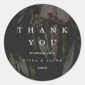 Sticker Rond Élégant Merci de Mariage noir floral (Devant)
