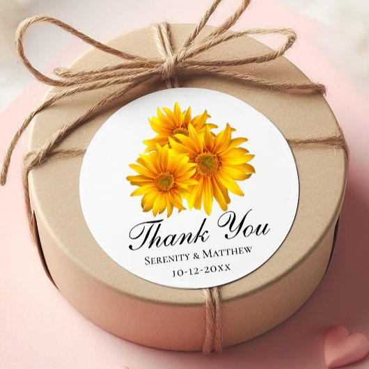 Sticker Rond Élégant Merci de tournesol Mariage fleuri jaune