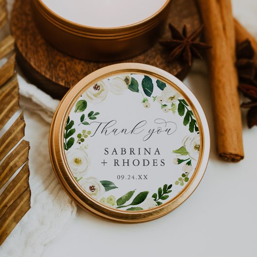 Sticker Rond Elégant Merci Floral Blanc Mariage Faveur