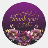 Sticker Rond Élégant Merci Floral Gold Script violet (Devant)