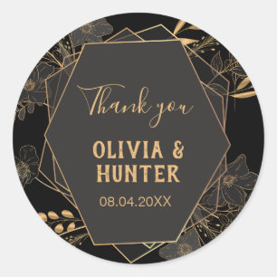 Sticker Rond Élégant Merci floral noir et or