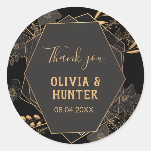 Sticker Rond Élégant Merci floral noir et or (Devant)