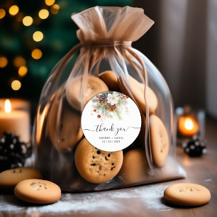 Sticker Rond Élégant Merci Mariage À feuillage persistant d'hiv