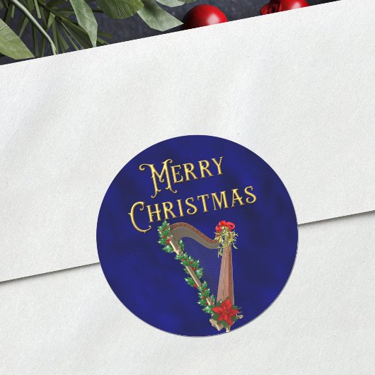 Sticker Rond Elegant Merry Christmas Music Harp Navy Blue
