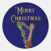 Sticker Rond Elegant Merry Christmas Music Harp Navy Blue (Devant)