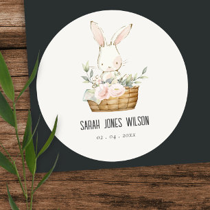 Sticker Rond Élégant Mignonne Lapin En Panier Floral Anniversai