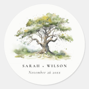 Sticker Rond Elégant minimal vert aquarelle Mariage chêne arbre