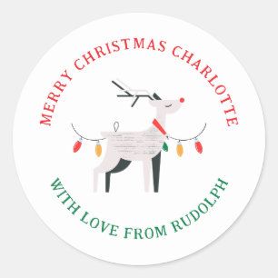 Sticker Rond Élégant minimaliste renne Noël Nom de famille