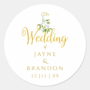 Sticker Rond Élégant Mistletoe Hiver Mariage Gold Script