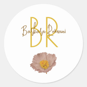 Sticker Rond Elégant Mocha Poppy Floral nom personnalisé