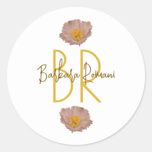Sticker Rond Elégant Mocha Poppy Floral nom personnalisé
