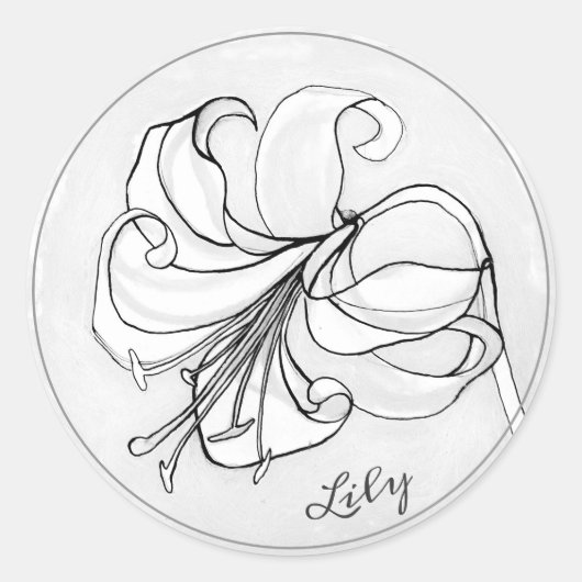 Sticker Rond Élégant Modèle floral gris avec nom ・ Lily Art (Devant)