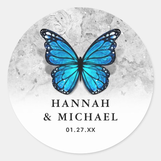 Sticker Rond Élégant Modèle Monarque Blue Butterfly Mariage (Devant)