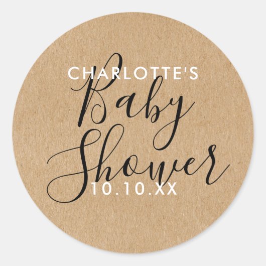 Sticker Rond Élégant Moderne Script Baby Shower Kraft Rustique (Devant)