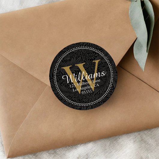 Sticker Rond Élégant Monogram Black Gold Floral Adresse de reto