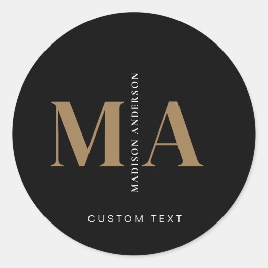 Sticker Rond Élégant Monogram Black Gold Nom (Devant)