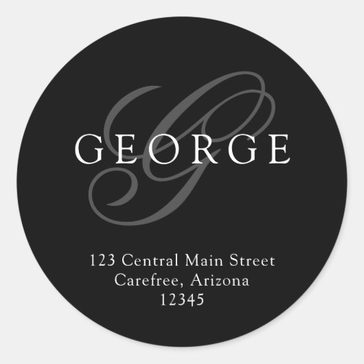Sticker Rond Élégant Monogram Black Grey Adresse (Devant)