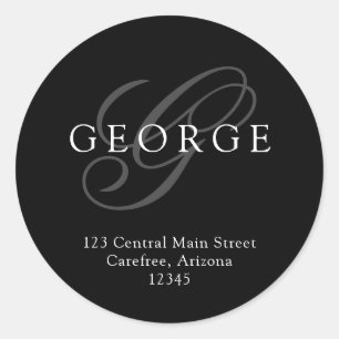 Sticker Rond Élégant Monogram Black Grey Adresse