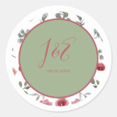 Sticker Rond Élégant Monogram Bourgogne Roses & Sage Green (Devant)
