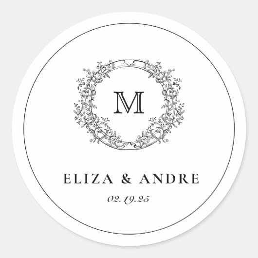 Sticker Rond Élégant Monogram Crest Black and White Mariage Cl (Devant)