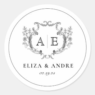 Sticker Rond Élégant Monogram Crest Mariage noir et blanc
