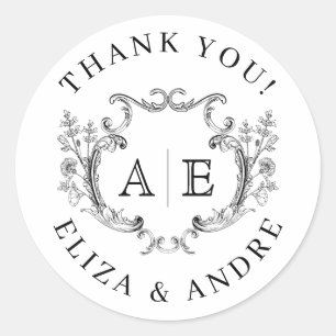 Sticker Rond Élégant Monogram Crest Mariage noir et blanc