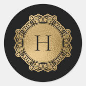 Sticker Rond Elegant Monogram Family Black Gold Initial Seal (Devant)