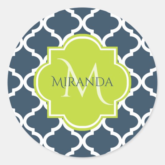 Sticker Rond Élégant Monogram Marine Green Quatrefoil et nom (Devant)