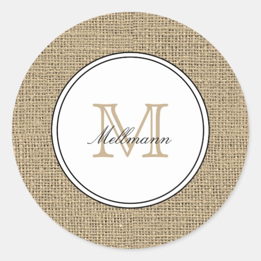 Sticker Rond Elegant Monogram Name Country Chic Style Burlap (Devant)